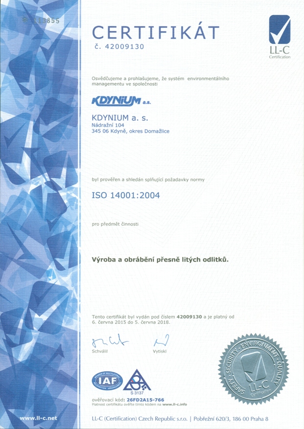 Certifikát environmentu ISO_14001:2015